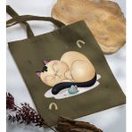 Bk Gift Kedi Tasarımlı-7 Haki Kumaş Bez Çanta Baskılı Omuz Çantası