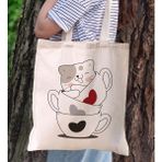 BK Gift Kedi Tasarımlı Kanvas Bez Çanta, Baskılı Omuz Çantası, Alışveriş Çantası, Plaj Çantası10 - Bej