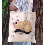 BK Gift Kedi Tasarımlı Kanvas Bez Çanta, Baskılı Omuz Çantası, Alışveriş Çantası, Plaj Çantası7 - Bej