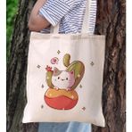 BK Gift Kedi Tasarımlı Kanvas Bez Çanta, Baskılı Omuz Çantası, Alışveriş Çantası, Plaj Çantası9 - Bej