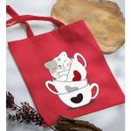 Bk Gift Kedi Tasarımlı Kırmızı-10 Kumaş Bez Çanta Baskılı Omuz Çantası