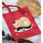 Bk Gift Kedi Tasarımlı Kırmızı-7 Kumaş Bez Çanta Baskılı Omuz Çantası