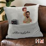 Bk Gift Kişiye Özel Baba Oğul Karikatür Tasarımlı Organizer Kumanda ve Atıştırmalık Cepli Gri Kırlent Yastık-20 Arkadaşa , Cepli Yastık