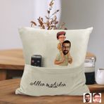 Bk Gift Kişiye Özel Baba Oğul Karikatür Tasarımlı Organizer Kumanda ve Atıştırmalık Cepli Sarı Kırlent Yastık-20 Arkadaşa , Cepli Yastık