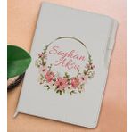 BK Gift Kişiye Özel Çiçek Tasarımlı Beyaz Termo Deri Not Defteri 15x21cm-23