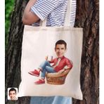 Bk Gift Kişiye Özel Erkek Karikatürlü Kanvas Bez Plaj Çantası Baskılı Omuz Çantası-1, Alışveriş Çantası, Arkadaşa Hediye