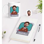 Bk Gift Kişiye Özel Erkek Öğretmen Karikatürlü Beyaz Defter Kalem Kupa Seti - 3