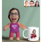 Bk Gift Kişiye Özel Fotoğraflı Pembe Süper Anne Bebek Yastık ve Kupa Bardak Seti-3, Anneye , Anneler Günü leri