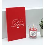 Bk Gift Kişiye Özel Isimli Kırmızı Defter ve Cam Bardakta Kalp Figürlü Kokulu Mum Hediye Seti-1, Sevgiliye Hediye, Arkadaşa Hediye