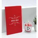 Bk Gift Kişiye Özel Isimli Kırmızı Defter ve Cam Bardakta Kalp Figürlü Kokulu Mum Hediye Seti-6, Sevgiliye Hediye, Arkadaşa Hediye