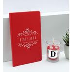 Bk Gift Kişiye Özel Isimli Kırmızı Defter ve Cam Bardakta Kalp Figürlü Kokulu Mum Hediye Seti-7, Sevgiliye Hediye, Arkadaşa Hediye