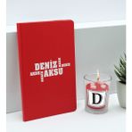 Bk Gift Kişiye Özel Isimli Kırmızı Defter ve Cam Bardakta Kalp Figürlü Kokulu Mum Hediye Seti-8, Sevgiliye Hediye, Arkadaşa Hediye