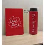 Bk Gift Kişiye Özel Isimli Kırmızı Defter ve Cam Matara Hediye Seti-4, Sevgiliye Hediye, Arkadaşa Hediye, Yeni Iş Hediyesi
