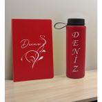 Bk Gift Kişiye Özel Isimli Kırmızı Defter ve Cam Matara Hediye Seti-6, Sevgiliye Hediye, Arkadaşa Hediye, Yeni Iş Hediyesi