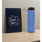 Bk Gift Kişiye Özel Isimli Lacivert Defter ve Mavi Cam Matara Hediye Seti-4, Sevgiliye Hediye, Arkadaşa Hediye, Yeni Iş Hediyesi