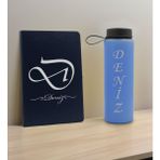 Bk Gift Kişiye Özel Isimli Lacivert Defter ve Mavi Cam Matara Hediye Seti