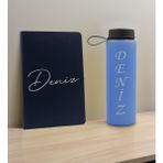 Bk Gift Kişiye Özel Isimli Lacivert Defter ve Mavi Cam Matara Seti 1