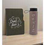 Bk Gift Kişiye Özel Isimli Mat Gri Termo Deri Defter ve Cam Matara Hediye Seti-4, Sevgiliye Hediye, Arkadaşa Hediye, Yeni Iş Hediyesi