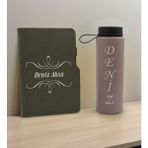 Bk Gift Kişiye Özel Isimli Mat Gri Termo Deri Defter ve Cam Matara Hediye Seti-7, Sevgiliye Hediye, Arkadaşa Hediye, Yeni Iş Hediyesi