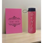 Bk Gift Kişiye Özel Isimli Pembe Defter ve Fuşya Cam Matara Hediye Seti-8, Sevgiliye Hediye, Arkadaşa Hediye, Yeni Iş Hediyesi