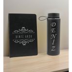 Bk Gift Kişiye Özel Isimli Siyah Defter ve Cam Matara Hediye Seti-8, Sevgiliye Hediye, Arkadaşa Hediye, Yeni Iş Hediyesi