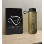 Bk Gift Kişiye Özel Isimli Siyah Defter ve Gold Cam Matara Hediye Seti-2, Sevgiliye Hediye, Arkadaşa Hediye, Yeni Iş Hediyesi