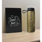 Bk Gift Kişiye Özel Isimli Siyah Defter ve Gold Cam Matara Hediye Seti-4, Sevgiliye Hediye, Arkadaşa Hediye, Yeni Iş Hediyesi