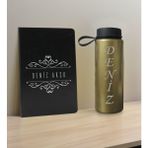 Bk Gift Kişiye Özel Isimli Siyah Defter ve Gold Cam Matara Hediye Seti-8, Sevgiliye Hediye, Arkadaşa Hediye, Yeni Iş Hediyesi