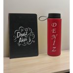 Bk Gift Kişiye Özel Isimli Siyah Defter ve Kırmızı Cam Matara Hediye Seti-4, Sevgiliye Hediye, Arkadaşa Hediye, Yeni Iş Hediyesi