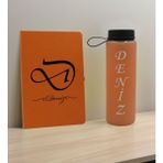 Bk Gift Kişiye Özel Isimli Turuncu Defter ve Somon Cam Matara Hediye Seti-2, Sevgiliye Hediye, Arkadaşa Hediye, Yeni Iş Hediyesi