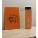 Bk Gift Kişiye Özel Isimli Turuncu Defter ve Somon Cam Matara Hediye Seti-4, Sevgiliye Hediye, Arkadaşa Hediye, Yeni Iş Hediyesi