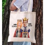 Bk Gift Kişiye Özel Kral Kraliçe Karikatürlü Kanvas Bez Plaj Çantası Baskılı Omuz Çantası-1, Alışveriş Çantası, Arkadaşa Hediye