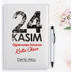 Bk Gift Kişiye Özel Öğretmenler Günü Tasarımlı 2024 Beyaz Deri Ajanda ve Kalem Hediye Seti - 10