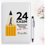 Bk Gift Kişiye Özel Öğretmenler Günü Tasarımlı 2024 Beyaz Deri Ajanda ve Kalem Hediye Seti - 9