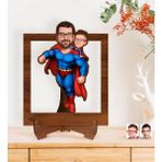BK Gift Kişiye Özel Süper Baba-Oğul Karikatürlü Ahşap 3D Standlı Biblo-3, Babalar Günü Hediyesi, Babaya Hediye