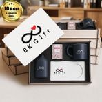 BK Gift Logonuza Özel 10 Adet Kutulu Ahşap Altlıklı Antrasit Fincan & Kolonya & & Aromalı Kahve Seti – Ahşap Kutulu Kurumsal Hediye Seti - Bej