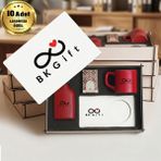 BK Gift Logonuza Özel 10 Adet Kutulu Ahşap Altlıklı Kırmızı Fincan & Kolonya & & Aromalı Kahve Seti – Ahşap Kutulu Kurumsal Hediye Seti