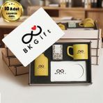 BK Gift Logonuza Özel 10 Adet Kutulu Ahşap Altlıklı Sarı Fincan & Kolonya & & Aromalı Kahve Seti – Ahşap Kutulu Kurumsal Hediye Seti