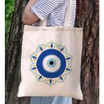 BK Gift Nazar Boncuğu Tasarımlı Kanvas Bez Çanta, Baskılı Omuz Çantası, Alışveriş Çantası, Plaj Çantası1 - Bej