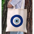 BK Gift Nazar Boncuğu Tasarımlı Kanvas Bez Çanta, Baskılı Omuz Çantası, Alışveriş Çantası, Plaj Çantası3 - Bej