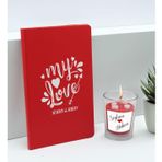 Bk Gift Sevgililere Özel Isimli Kırmızı Defter ve Cam Bardakta Kalp Figürlü Kokulu Mum Hediye Seti-11, Sevgiliye Hediye, Sevgililer Günü