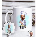 BK Kişiye Özel Erkek Balıkçı Karikatürlü Beyaz Kupa ve Anahtarlık Hediye Seti