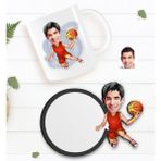 BK Kişiye Özel Erkek Basketbolcu Karikatürlü Beyaz Kupa ve Ahşap Bardak Altlığı Hediye Seti-1