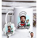 Bk Kişiye Özel Erkek Chef Karikatürlü Beyaz Kupa Ve Anahtarlık Hediye Seti-14