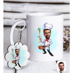 Bk Kişiye Özel Erkek Chef Karikatürlü Beyaz Kupa Ve Anahtarlık Hediye Seti-1