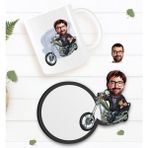 BK Kişiye Özel Erkek Motorcu Karikatürlü Beyaz Kupa ve Ahşap Bardak Altlığı Hediye Seti-4