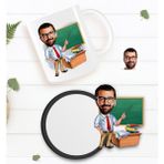BK Kişiye Özel Erkek Öğretmen Karikatürlü Beyaz Kupa ve Ahşap Bardak Altlığı Hediye Seti-1