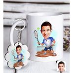 BK Kişiye Özel Erkek Tenis Oyuncusu Karikatürlü Beyaz Kupa ve Anahtarlık Hediye Seti-1