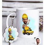 BK Kişiye Özel Erkek Yol Mühendisi Karikatürlü Beyaz Kupa ve Anahtarlık Hediye Seti-1
