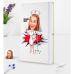 BK Kişiye Özel Hemşire Karikatürlü Beyaz Termo Deri Defter 16X24CM Model 2